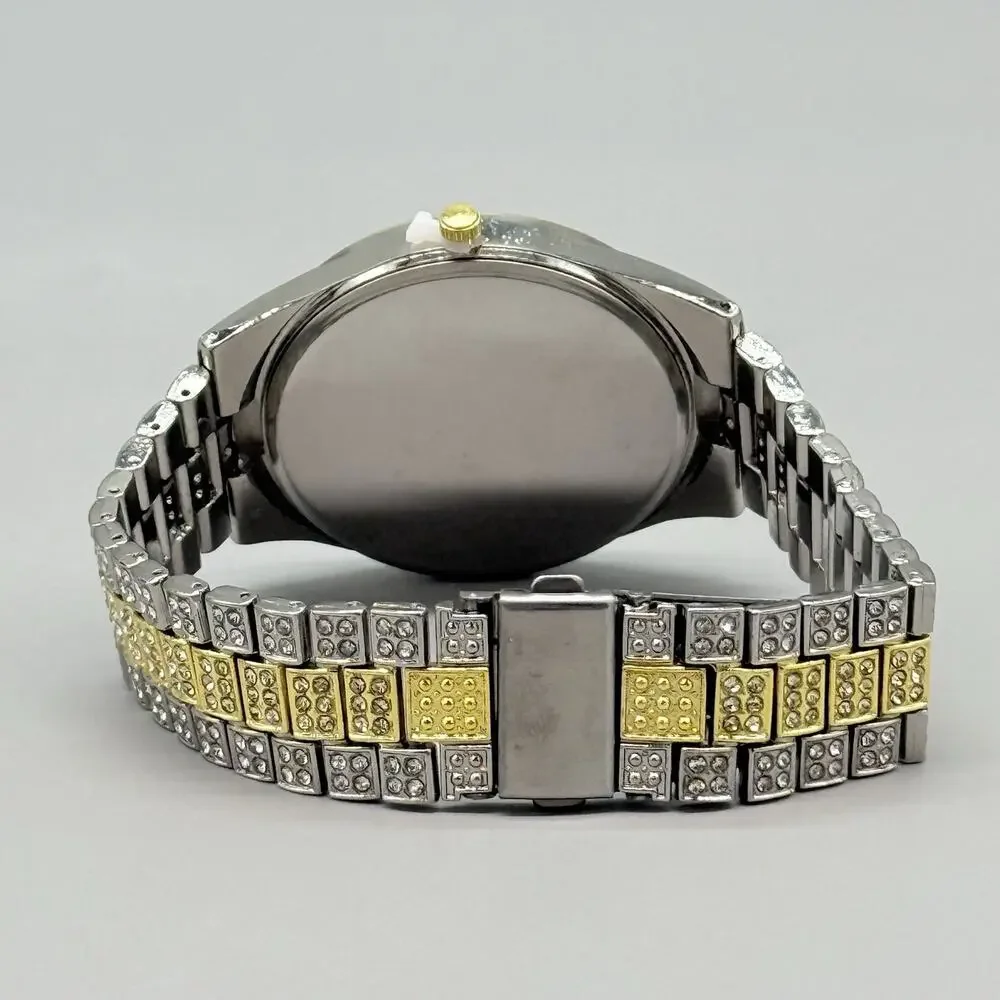 Mens Two Tone Iced Out Watch Green Sunray Dial Roman Numerals Bling Calendar